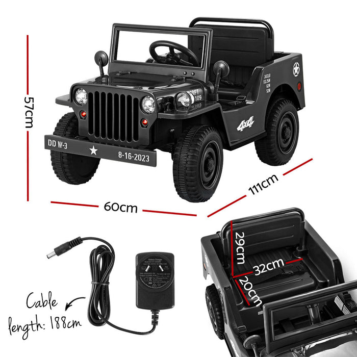 Willy's ARMY Jeep Inspired Kids Ride On Car with Remote Control | Midnight Black