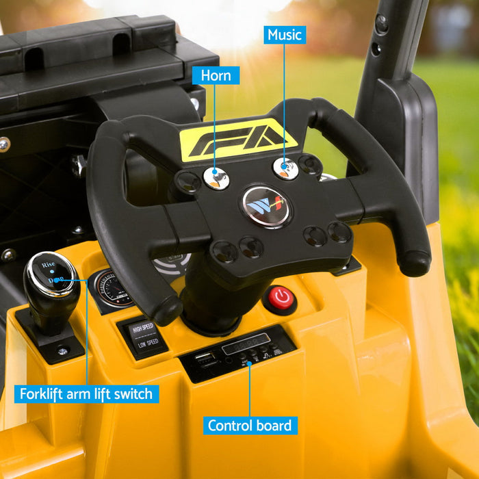 Kids Forklift Ride On Car with Working Mast Lift & Remote Control | Safety Yellow