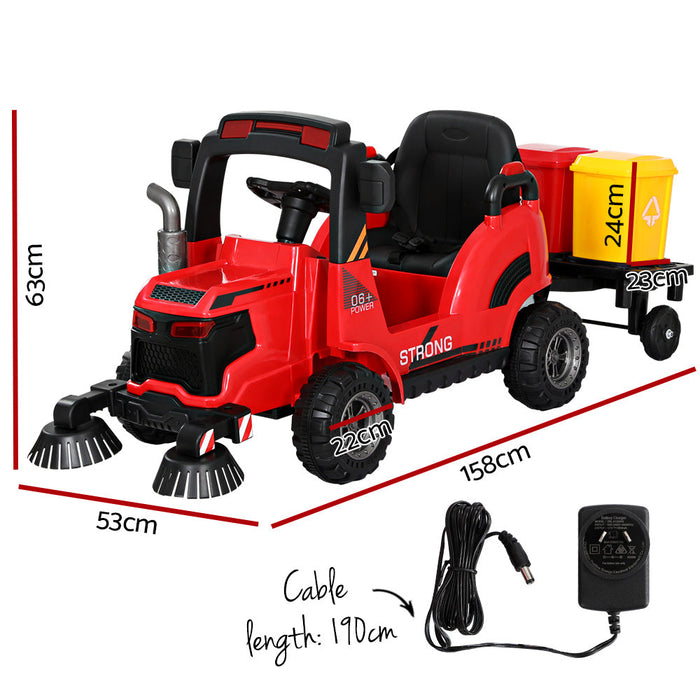 Street Cleaning Inspired Kids Ride On Car Truck with Rotating Brushes & Remote Control | Rubbish Collection Red