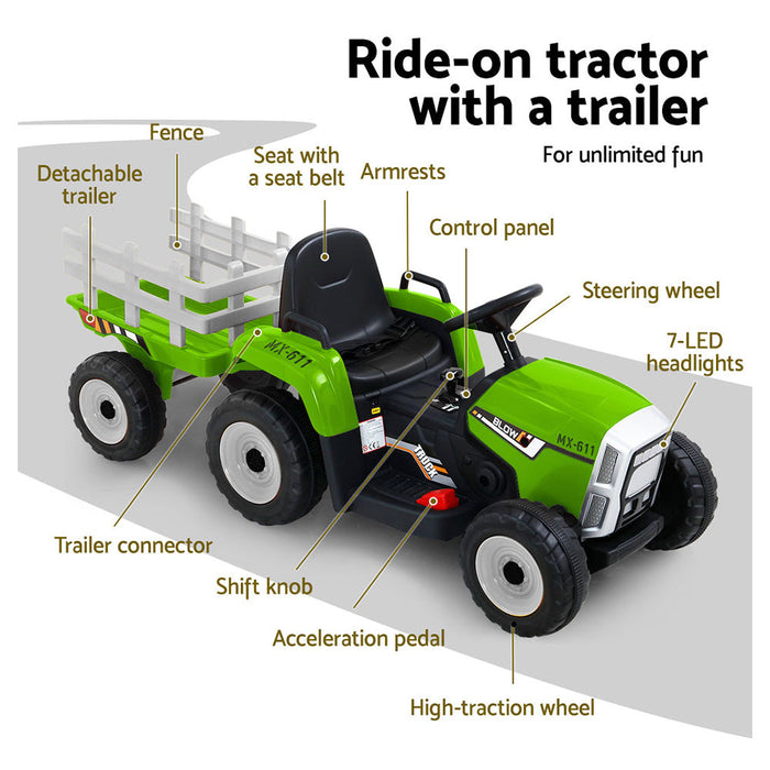 Tractor with Detachable Trailer Kids Ride On Electric Car | Grass Green