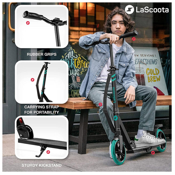 LaScooter Foldable, Portable & Height Adjustable Kids, Teen or Adult 2 Wheel Scooter | Black & Aqua