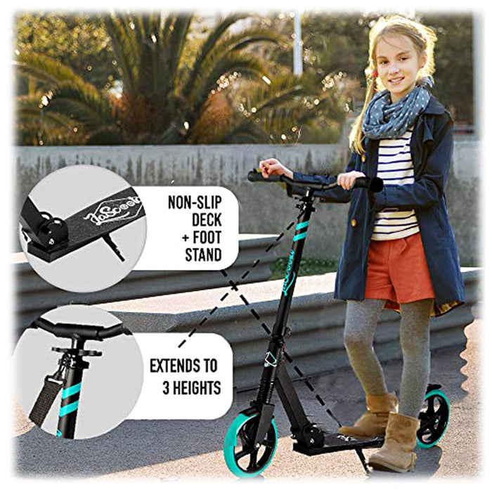 LaScooter Foldable, Portable & Height Adjustable Kids, Teen or Adult 2 Wheel Scooter | Black & Aqua
