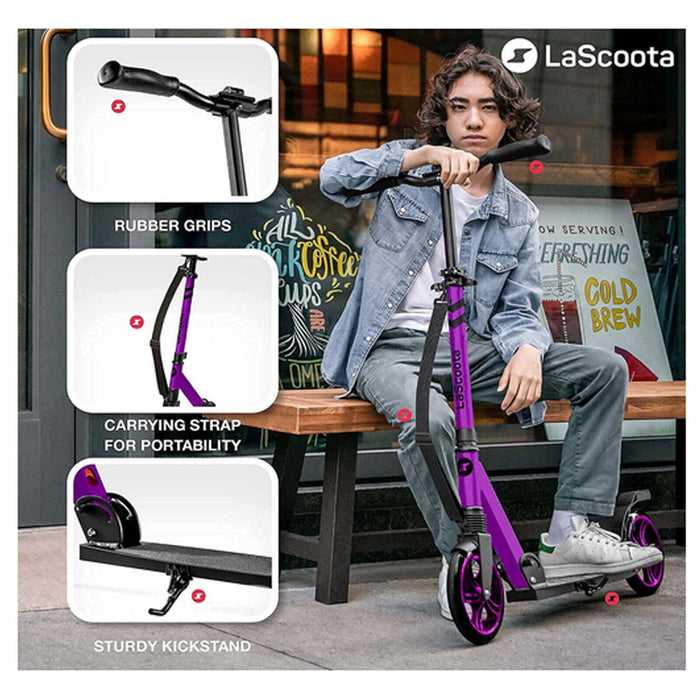 LaScooter Foldable, Portable & Height Adjustable Kids, Teen or Adult 2 Wheel Scooter | Purple Plum