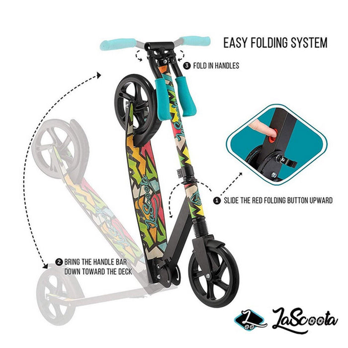 LaScooter Foldable, Portable & Height Adjustable Kids, Teen or Adult 2 Wheel Scooter | Black & Grafitti