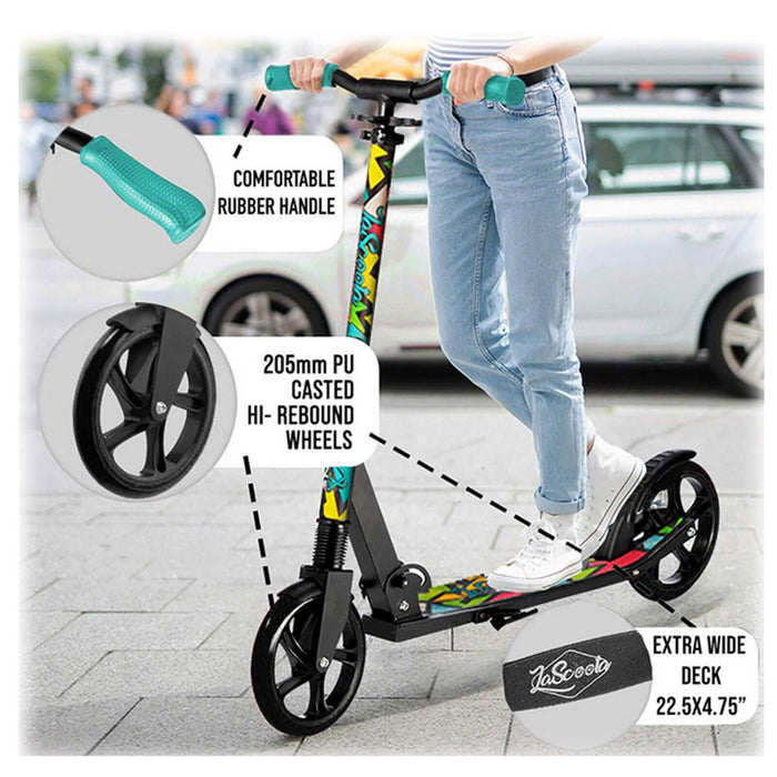 LaScooter Foldable, Portable & Height Adjustable Kids, Teen or Adult 2 Wheel Scooter | Black & Grafitti
