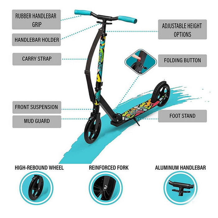 LaScooter Foldable, Portable & Height Adjustable Kids, Teen or Adult 2 Wheel Scooter | Black & Grafitti